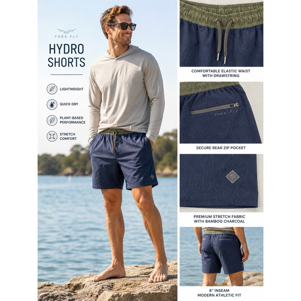 Free Fly Hydro Shorts Mens Medium Heather Navy Blue 8 Inch Stretch Huckberry